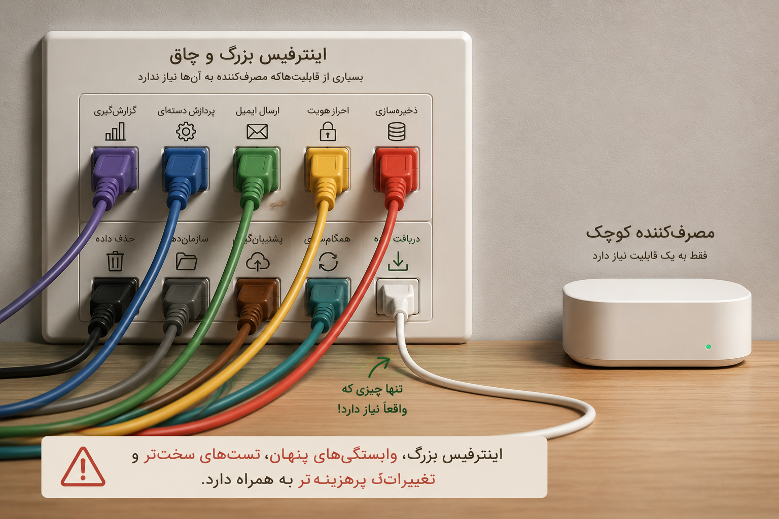 یک پریز بزرگ با کابل‌های زیاد که یک دستگاه کوچک فقط به یکی از آن‌ها نیاز دارد.